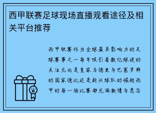 西甲联赛足球现场直播观看途径及相关平台推荐