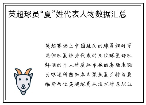 英超球员“夏”姓代表人物数据汇总